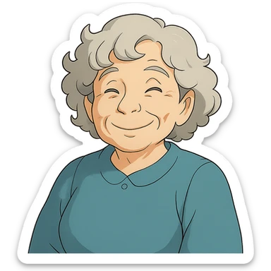 ghibli style older lady with silver curly hair smiling sticker