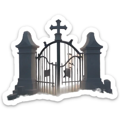 Haunting pig tombstone graveyard gate at noon, light fog sticker