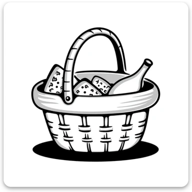 A wicker picnic basket with handle and some picnic items peeking out in pastel colors (dd9fb0, ffc6d3, a3bfc9, c4bee2, f1b091), hand-drawn doodle style sticker