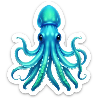 3D render of Deep Sea Squid, bioluminescent deep sea style, glowing neon blue and green lights, dark background to contrast the glow, translucent organic textures. sticker