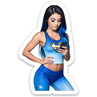 looking up at the sky-texting on phone-very very very large upper body-sexy face-bending forward at waist-very long very straight dark blue to light blue ombre hair-and-blue eyes-thick black eyeliner-thick long eyelashes-iridescent blue lowcut tanktop with black leggings with glitter superman logo sticker
