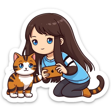Girl with black long hair and blue eyes takes a picture of a brown striped cat by iPhone  sticker