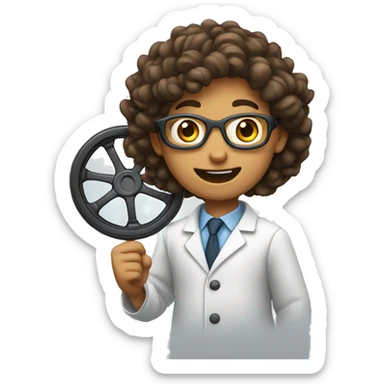 young scientist excited holding a car wheel sticker
