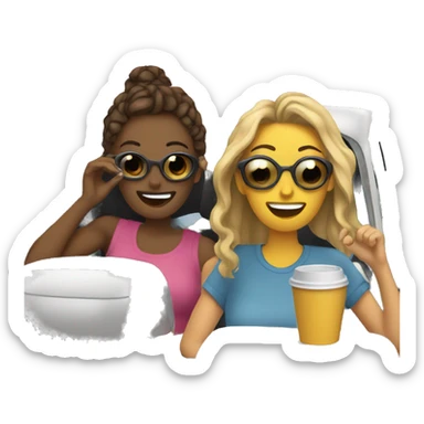two girlfriends on a road trip one drinking coffee sticker