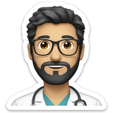 doctor with dark long brown hair and beard, big black eyes, clear glasses sticker