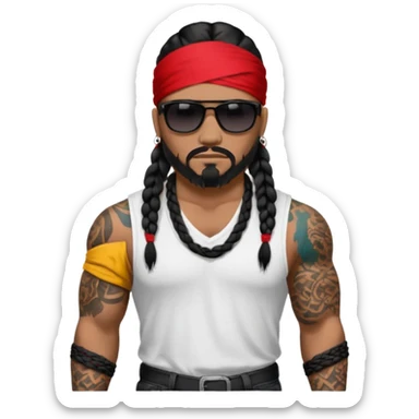 Samoan male. Chin goatee.
Larger XL loose fitting white t-shirt. 
Red bandana. 
Black jeans. 
long black braided hair.
very muscular.
More tattoos. 
Tough and menacing.
All black sunglasses. sticker