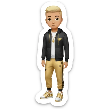 Capelli rasati ai lati con sfumatura, sopra corti e fissati con gel. Look curato e deciso. Indossa tuta firmata (Nike, Adidas, Lacoste, EA7) o jeans skinny, scarpe vistose come Air Force 1. Sempre presenti borsello a tracolla e collana d’oro E tatuaggi d’appertutto a mezzo busto sticker