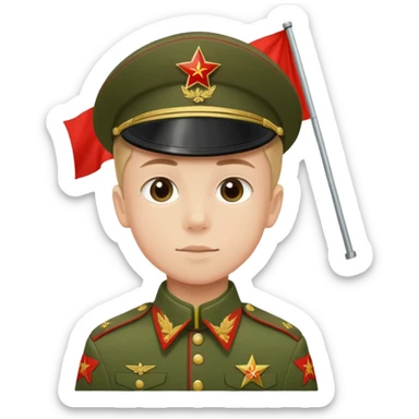 military boy in Soviet green uniform holding a red flag with "9 мая" sticker