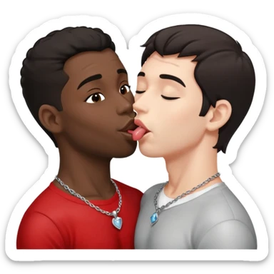 1 White adult male dark hair ,1 black adult male silver necklace, nude,kissing tongue open mouth  sticker