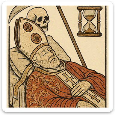 ukiyo-e style symbolic illustration of a pope's death, respectful sticker