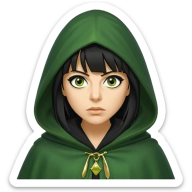 claudia winkleman with a heavy fringe as a traitor with a green hooded cloak with a gold clasp and dark black eyeliner sticker
