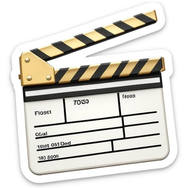 stylized clapperboard with shiny gold upper part and white lower part, diagonal striped pattern sticker