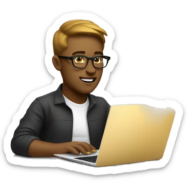 Website designer, gold skin, using laptop, wearing glasses, floating laptop, creative look. sticker