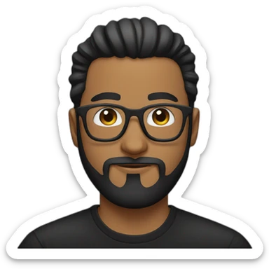 Man with clear glasses and a black tshirt and a man bun and beard sticker