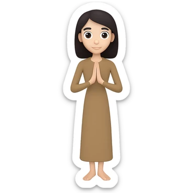 Make the woman very thin, standing and praying from the front view, wearing a long tan dress, with dark brown hair, in an emoji style. Remove the background. sticker