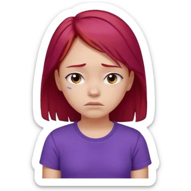 Young girl with red hair, wearing a purple T-shirt, with a sad face. sticker