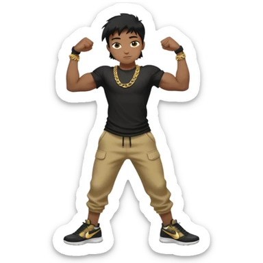 full side body view of muscular 13yo boy with veiny hands arms and biceps. has messy black hair with dark-tan skintone with black tshirt. has gold chain and nike shoes with baggy pants sticker