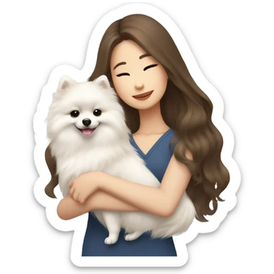 Female asian white girl with long brown wave hair hugging 4 white pomeranian girl sticker