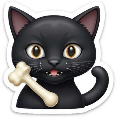 A black cat with a white spot on its muzzle, holding a gray rubber bone in its teeth sticker