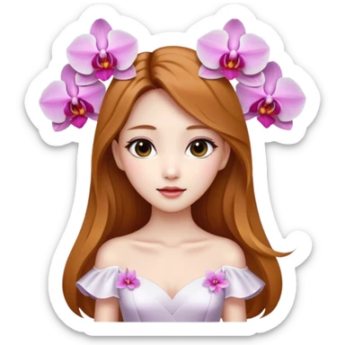 Asian girl with long golden brown hair white skin makeup natural with orchid white/pink only on her left ear, her dress is white  coquette  sticker