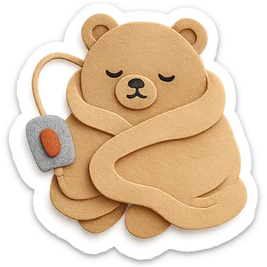 cute bear-shaped electric blanket, fluffy, wrapped around itself, sleepy expression, soft beige, full-body sticker