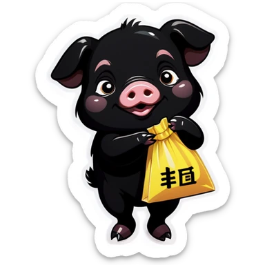 a black piglet holding 4 bags with "복“ written on it sticker