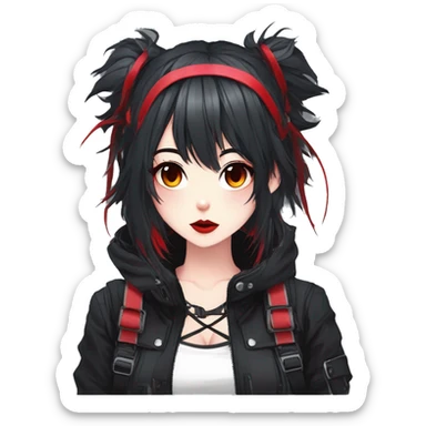 Gorgeous bright gothic techwear anime style lady with blushing face aesthetic and pretty edgy black red punk messy wild cute hair with collar and harness trending style sticker