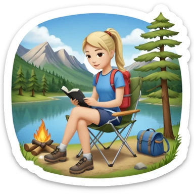 A pony tail hair woman journaling on a camping chair, enjoying the quiet nature scene. sticker