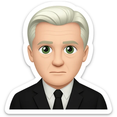 Create an emoji style image of Draco Malfoy at 50 years old, wearing a black suit. Keep the background transparent. The style should resemble classic emoji aesthetics with clear, simple features and vibrant colors. sticker