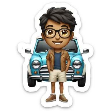 slender indian boy with glasses on shorts standing next to a classic white mini cooper sticker