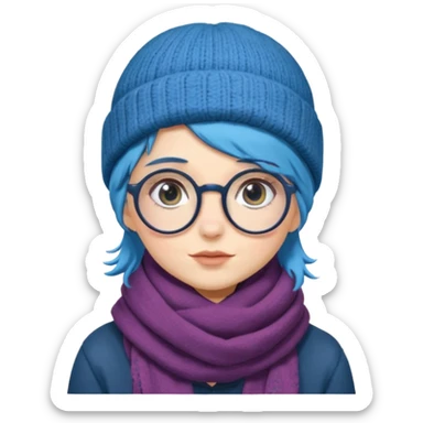 A shy blue straight hair woman with big round glasses and thick scarf and a beanie, blushing from the cold. sticker