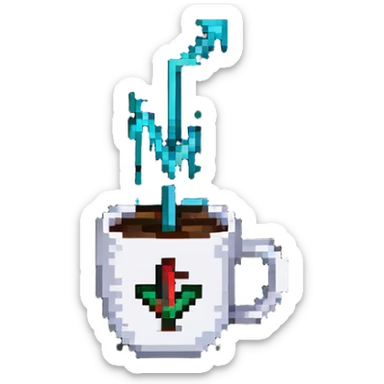 a cup of coffee with a rising stock market arrow sticker