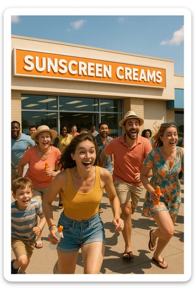 tante persone che corrono a comprare le creme solari in italiano realistiche sticker
