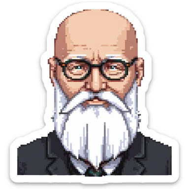50-year-old bald man with spectacles, long white beard, winking sticker
