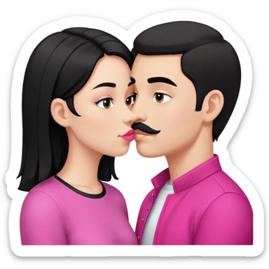 Brunette boy with short hair and black mustache wearing black clothes, kissing white girl with long black hair wearing pink clothes sticker