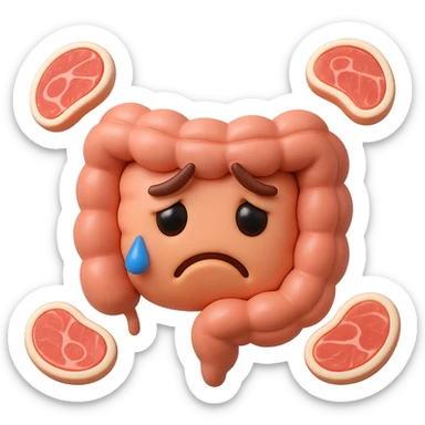 emoji stile iphone in 3d di un intestino triste con fette di carne che gli fluttuano intorno sticker