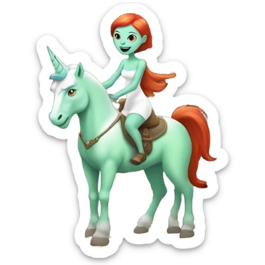 [politically incorrect
	{ woman: alien, color: light green, hair:red, eyes:cat} ]
	on a 
	[{ unicorn: white, legged:four, mane: light blue }] sticker