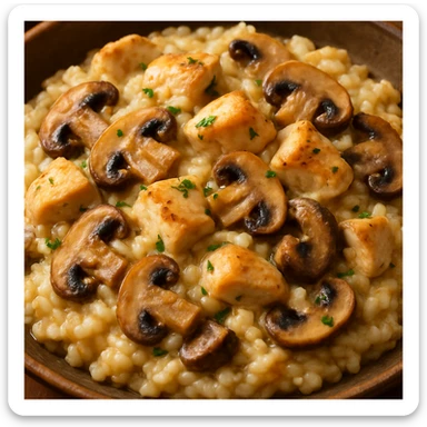 a close-up of chicken mushroom risotto with visible mushrooms and chicken pieces, warm and inviting sticker