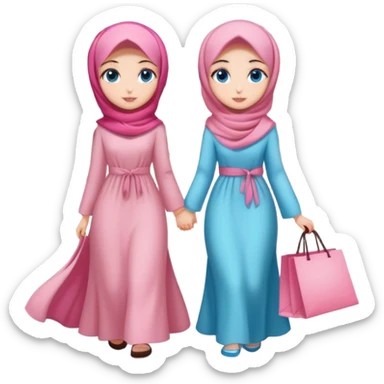 Turkish beautiful finish Konya girls blue eyes with lovely cherry blossom hijab long tail dress and the two friends shopping in a shopping city  sticker