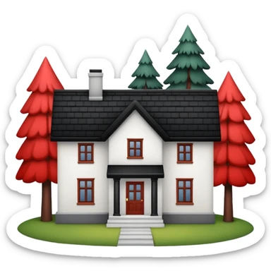 Dom z czarnym dachem i biała elewacja ze wstawkami z czerwonej cegły.Na drugim planie las. sticker