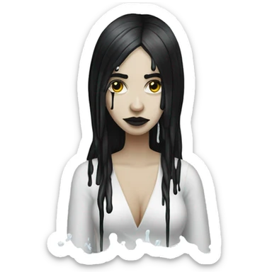 white goth women with long black hair with sticky white flour water dripping off her face  sticker