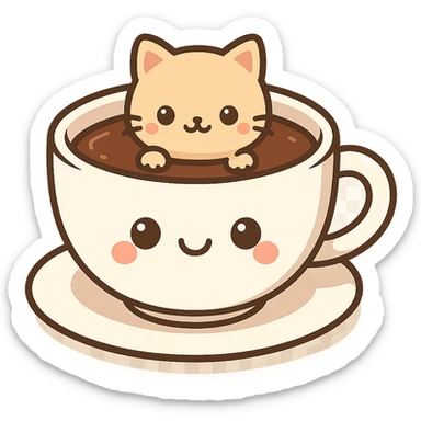 kawaii style cup of coffee with a tiny cat peeking from inside the cup sticker