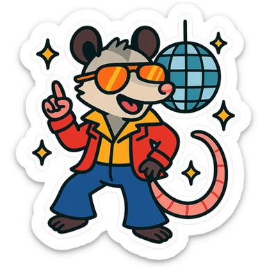 cute cartoon possum dressed up for the disco with a disco ball, sticker-like style sticker