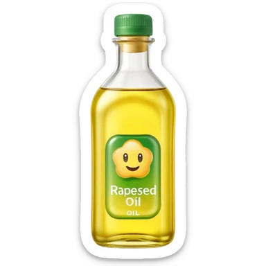 rapeseed oil bottle transparent with pale yellow oil, simple curved or rectangular shape, green or neutral cap, no branding, light clear smooth oil with soft golden glow, no label, clean 3D style, soft shadows, emoji scale sticker