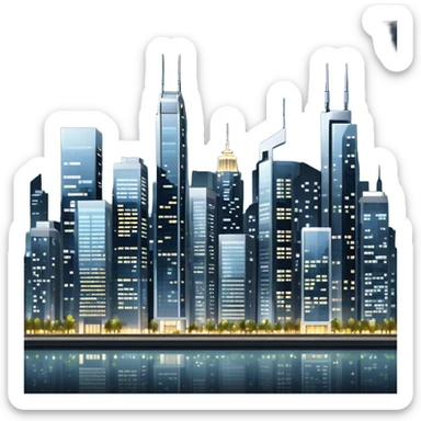 A modern cityscape with tall buildings, skyscrapers, and windows lit up, representing an urban environment full of life and activity sticker