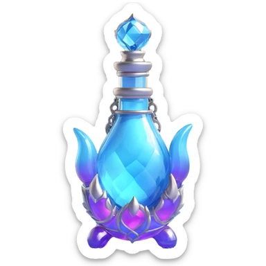 modern luxurious elixir bottle in monster paw shape, vibrant color, holographic and silver ornaments, strong magical glowing and sparkling effects, very small neck, seamless bottom, no shadow, floating in air, collection style sticker