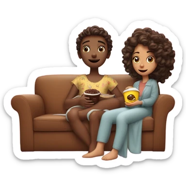 Uma menina morena com cabelo cacheado marrom de pijama senta no sofá vendo divertidamente 2 comendo pipoca e morango com chocolate  sticker