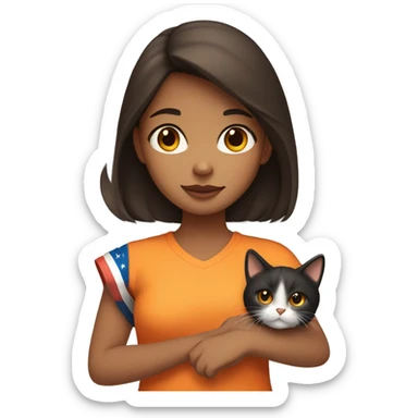 Brunette girl with brown eyes, holding a tricolor cat. Cat hairs are black in one side of its face and orange in the other side of its face. sticker