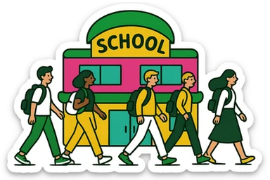 Add students walking in front of the school building in a modern look with a green, gold, and white color scheme. Use rounded shapes and a simple design, with no background. sticker