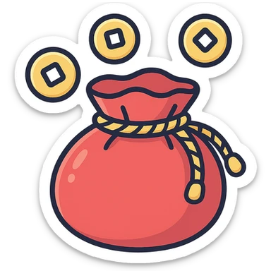 plump Chinese red pouch with golden Chinese coins flying out and around it, tied with a twisted golden cord, icon-color-outlined style, detailed shadows and highlights on pouch and coins, thin clean contours, soft rounded shapes, pastel palette with emphasis on red and gold, modern Japanese pop-art and sticker aesthetic, high detail, soft lighting, transparent background sticker